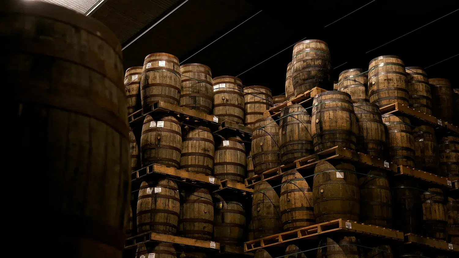 Oak whisky casks stacked in the Foundry Vault warehouse